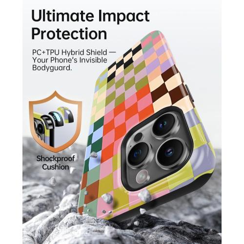 Colorful Checkered Phone Case for iPhone 15 Pro Max, Compatible with Magsafe, Trendy Cute Gingham Aesthetic Fun Magnetic Slim Shockproof Protective Women Girl Cover Case