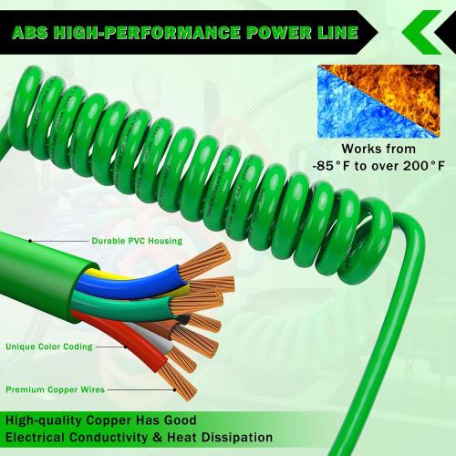 CheeMuii 7 Way Coiled Trailer Cord 15FT Long Tail ABS Electrical Power Wire Air Brake Coiled Electric Cable for Semi Trucks Trailers Tractors