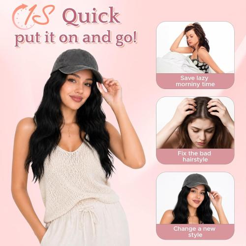 SEGO Hat Wigs, Hat with Hair Attached for Women Soft Denim Cap Wigs Long Wavy Curly Adjustable Baseball Cap With Hair Extensions -Gray 18-#01 Jet Black