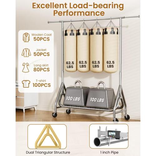 Heavy Duty Clothing Rack, Metal Clothes Rack Load 450 LBS, Rolling Coat Racks for Hanging Clothes with Lockable Wheels, Wardrobe Closet Garment Racks for Bedroom, Silver