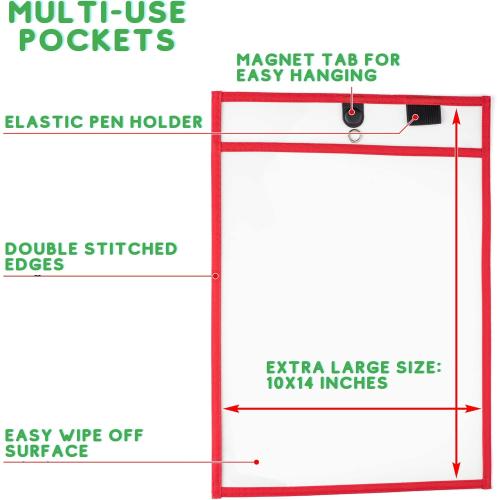 Magnetic Dry Erase Pockets by Two Point (6-Pack) - 10 x 14 in - Portrait Clear Dry Erase Pocket Sleeves, Job Shop Ticket Holders, Clear Paper Sleeves Protectors, Magnetic Pouch