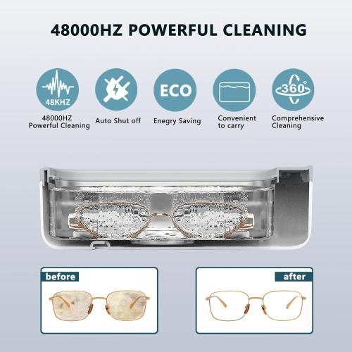 Jewelry Cleaner Machine - 48Khz Silver Cleaner Machine for Eye Glasses, Ring, Earring, Necklaces, Watch Strap, Makeup Brush, 304 Stainless Steel Tank with 12OZ