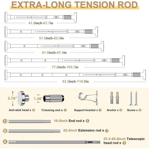 Silver Tension Curtain Rod 41-118In(4-9Ft), Outdoor Curtain Rod No Drilling for Window or Patio,Heavy Duty Shower Rod for Bathroom,Rod Diameter 1.26In-One-bond stretching