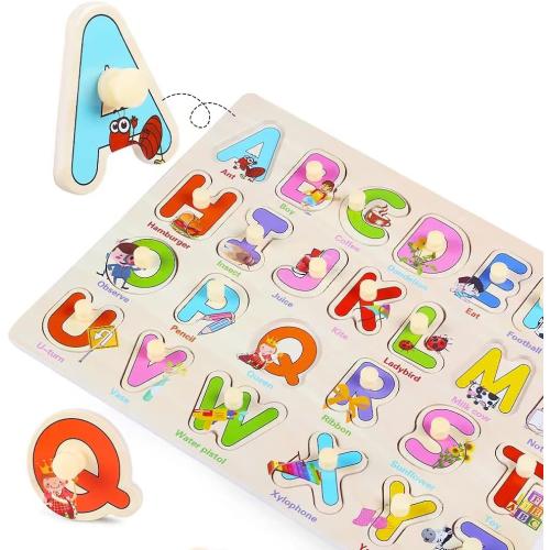 GRINNNIE Wooden Montessori Toddler Puzzles for 3 4 5 Years Old, 3 Pcs (Number, Letter, Shape) Kids Preschool Educational Peg Puzzle Set