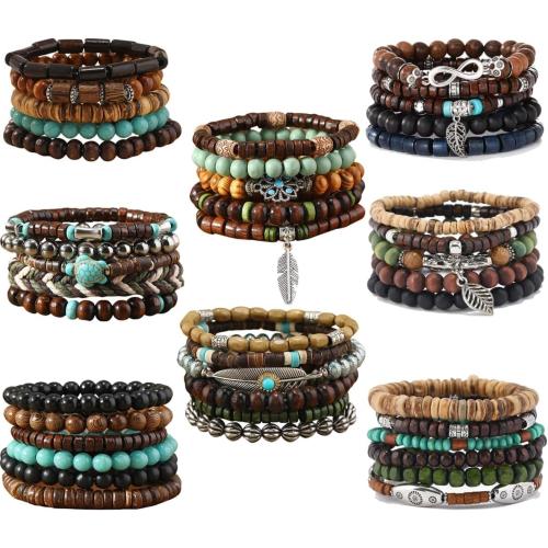 SONNYX 30Pcs Punk Wooden Beads Bracelets Gothic Bracelet for Men Adjustable Vintage Beaded Bracelet Metal Set Wood Bangles Wristbands Commemorative Gift