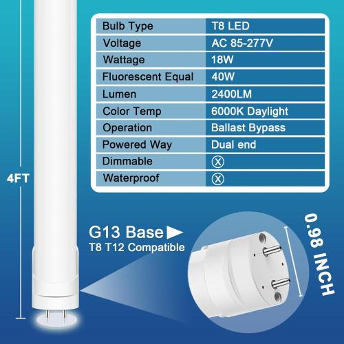 T8 LED Bulbs 4FT, 6000K Daylight White, 40W Equivalent, Ballast Bypass, Dual Ended Type B Light Tube, LED Fluorescent Tube Replacement T8 T12, Non-dimmable