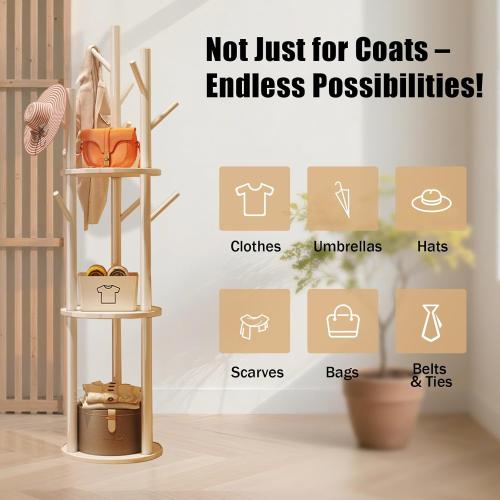 Simcat Wood Coat Rack with 3 Shelves and 9 Hooks Coat Tree Hanger Freestanding Coat Rack for Bedroom, Hallway, Entrance, Office, for Hats, Coats, Scarves, Handbags (Fixed rack walnut color)