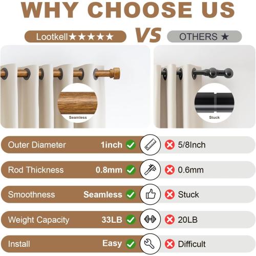 2 Pack Wood Curtain Rods for Windows 66 to 120 Inches 1 Diameter Boho Decorative Heavy Duty Window Curtain Rod Set Adjustable with Handmade Wood Grain Design for Living Room Bedroom Kitchen