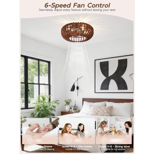 20 Wood Ceiling Fans with Lights Flush Mount, Caged Farmhouse Rustic Ceiling Fan with Light Remote Control, Wooden Low Profile for Bedroom, Living Room, Nursery