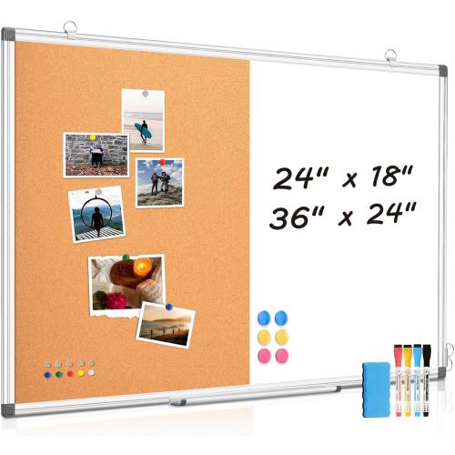 Magnetic Dry Erase White Board Cork Board Combo for Wall with Accessories | 24x18 Vision Board Manifestation Whiteboard Corkboard Combination Aluminum Frame Home Office School Supplies ADHD Planner