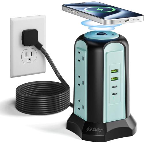 Power Strip Tower Wireless Charger, SUPERDANNY Surge Protector Tower, 10A 1080J Charger Station with 9 Outlets & 4 USB Ports, Extension Cord 10ft for Laptop Phone Black and Blue