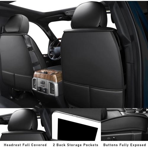Color Black and Blue Truck Seat Covers Compatible with Ford F-150 2009-2025 XL XLT Lariat King Ranch Platinum Tremor Pickup Faux Leather Cushion Protector Fit Ford F150 Crew Cab(Black Blue, Full Set)