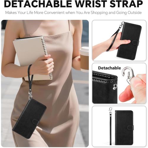 TUCCH 2-in-1 Detachable Wallet Case for iPhone 17 Pro (6.3-inch) 2025, Wireless Charging | RFID Blocking 4 Card Holder | Wrist Strap | Kickstand | Magnetic | PU Leather | Protective Flip Cover | Black
