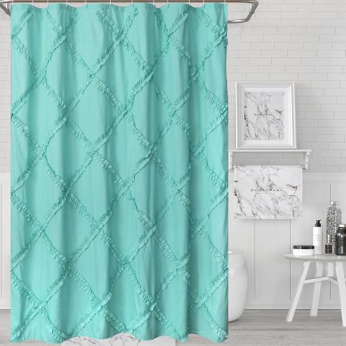 Aqua Ruffle Diamond Fabric Shower Curtain for Bathroom | Farmhouse Rustic Style 72’’x72’’