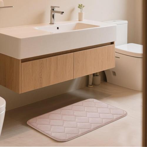 Memory Foam Bath Mat, Soft Velvet Bathroom Mats, Super Absorbent, Non-Slip, Thick Bath Rug for Bathroom, Toilet, Shower Machine Wash and Tub 16 X 24 Beige