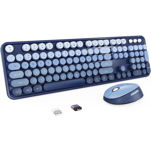 Nowlike Wireless Keyboard and Mouse Combo, Retro Typewriter Keyboard with Round Keycaps, Full-Size Ergonomic, Blue, Ideal for Windows PC, Home, Office, and College, Wireless Keyboard Mouse Combo