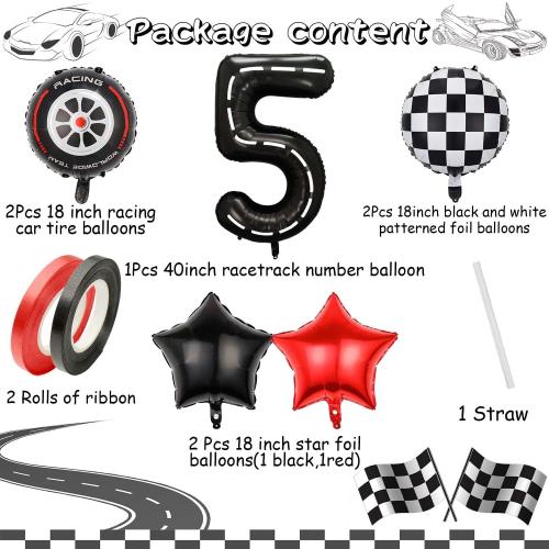 Race Car Balloons,40 Inch Racetrack Number 5 Balloon,Big Number Balloons Black for 0st Birthday Race Car Theme Party Decor Supplies 7 Pcs