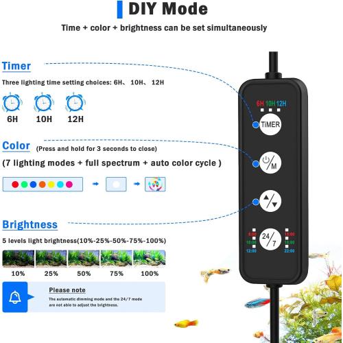 AQQA LED Aquarium Light, 24/7 Mode Clip on Fish Tank Light with Memory Function, DIY Mode Full Spectrum Aquarium Plant Light, Adjustable Timer/Brightness, IP68 Waterproof for 40-48 Inch Fish Tank 35W