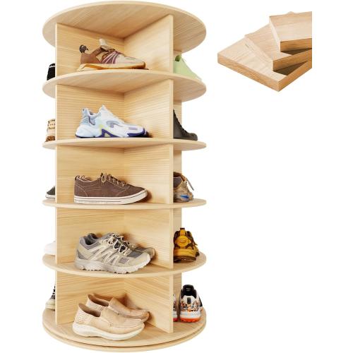 Rotating Shoe Rack Tower, 5-Tier 28 Wide Solid Pine Wood Spinning Shoe Display 360° Lazy Susan Shoe Rack, Revolving Shoe Stand, Shoe Rotating Organizer for Closet Shoes and Handbags