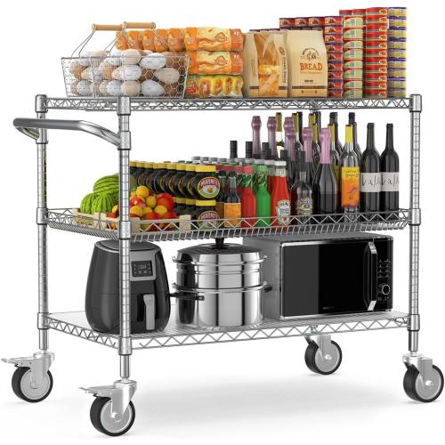 Leteuke 1120LBS Heavy Duty Rolling Utility Cart,3 Tier Rolling Carts with Wheels,NSF Commercial Grade with Handle Bar & Shelf Liners,45x25x39Storage Cart for Kitchen,Restaurant,Plant Display,Chrome