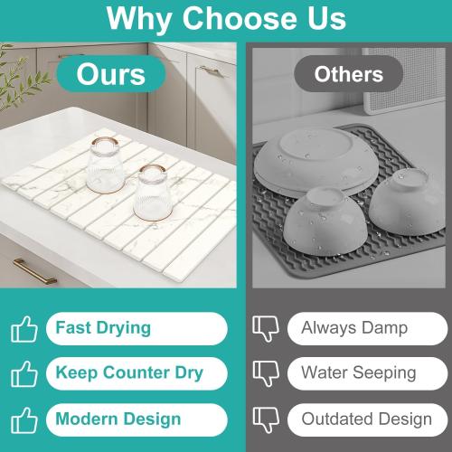 3 Pack Fast Dry Stone Dish Drying Mats for Kitchen Counter Accessories Large Diatomite Dish Water Absorbing Stone Bathroom Sink Tray Quick Dry Matt Diatomaceous Earth Pad White Marble Kitchen Mat