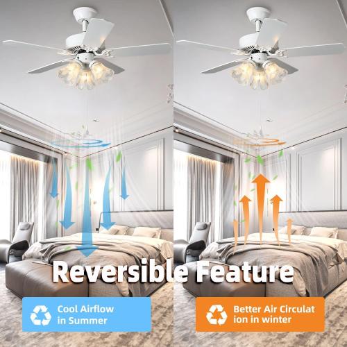 42 Inch Indoor Ceiling Fan with Pull-chain and Three LED Light Bulbs Base, Traditional 3-Speeds Reversible Blades Ceiling Fan (White)