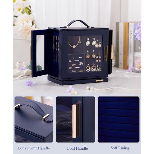 Homde Jewelry Box 360° Rotating, Necklace Earring Organizer with Transparent Window, Mirror, 7 Drawers, Large Ring Display Storage Case for Girls Women (Dark Blue)