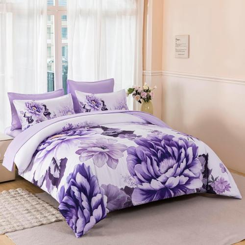 King Size Bed Floral Comforter Sets for Women Soft Lightweight 1 piece Flower Bedding Set All Season(Purple, King)