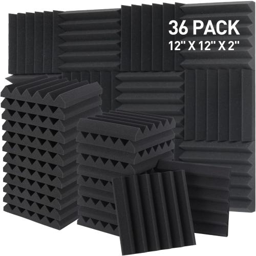 Sound Proof Foam Panels - 12 x 12 x 2 Inches 36 Pack Wedges Acoustic Foam Panels Sound Proofing Padding for Walls and Ceiling High Density Foam Studio Foam (Black)