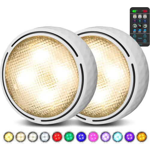 LED Puck Lights with Remote Control, Battery Operated Wireless Closet Light, Under Cabinet Lights Stick on Tap Light, Color Changing Under Counter Light for Kitchen, 2 Pack - White
