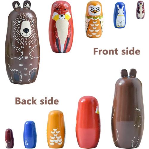 Conzy Russian Nesting Dolls for Kids, Stacking Wooden Handmade Matryoshka Dolls, 5 Piece Cute Cartoon Animal Pattern, Great Toy Gift for Girls Boys' Birthday or Home Decoration (Brown)