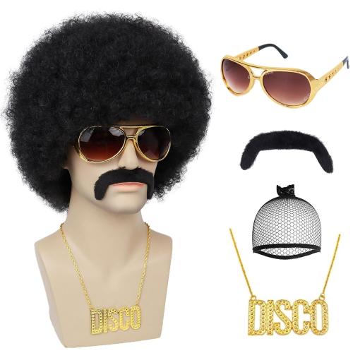 Men's Afro Wig Set for 70s Disco Party, 5pcs (Wig  Glasses  Necklace  Mustache  Wig Cap) 70s Outfits Costume for Cosplay Halloween Christmas Party (Black, Black Accessories)