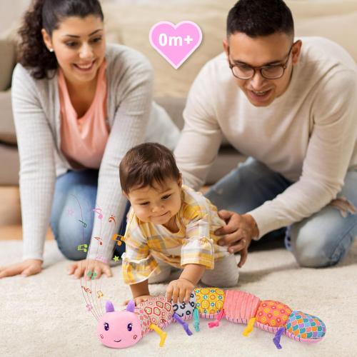 Baby Infant Musical Toy Soft Stuffed Animal Toy with Multi Textures,Rattle,Crinkle,Newborn Baby Toy for 0 3 6 9 12 Months Girls Boy Gift,Caterpillar，Pink