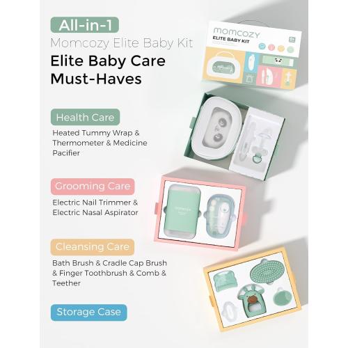 Momcozy Elite Baby Kit, Superior Baby Shower & Registry Essential Kit for Grooming & Health & Cleansing Care, Electric Nail File & Nasal Aspirator,Tummy Wrap,Thermometer,Bath Brush,Teether,Storage Bag