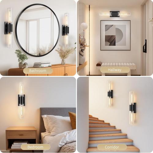 Wall Sconces Set of Two, Black Bathroom Sconces Wall Lighting with Clear Glass Modern Sconces Wall Light Set of 2 Bathroom Light Fixtures Vanity Light for Living Room Bedroom Washroom Hallway