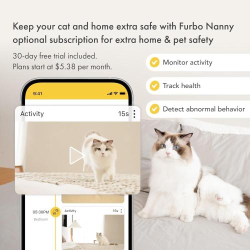 Furbo 360° Cat Camera: Pet Security Cam w/Meowing Alerts, Rotating View, Treat Toss w/Phone App, Smart Home Indoor Kitty Monitoring, 2-Way Speaker (Standard Features - No Subscription Required)