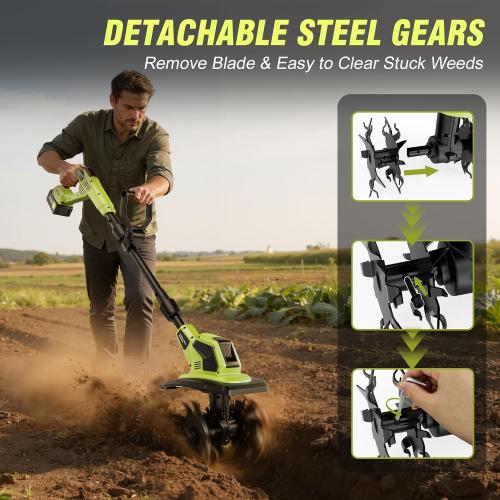 21V Cordlees Tiller Cultivator for Gardening, 400RPM Electric Garden Tiller, Brushless Rototiller with 2 * 3.0Ah Battery, 9.5 Width 7 Depth, for Yard、Lawn、Soil Tiller (Green)