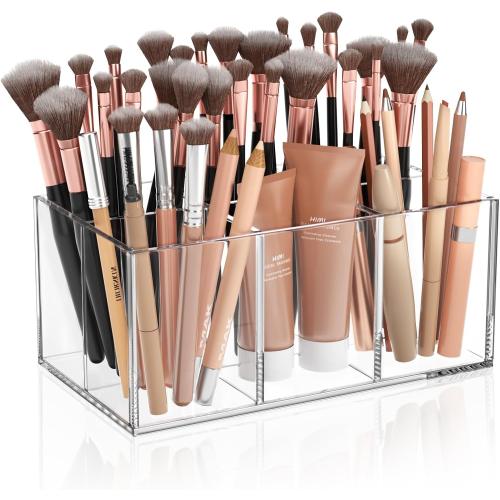 Clear Makeup Brush Holder Organizer Acrylic 6-Slots Cosmetic Brushes Storage Organizer for Vanity Countertop