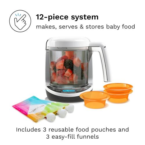 Baby Brezza One Step Baby Food Maker Deluxe – Auto shut Off, Dishwasher Safe Cooker and Blender to Steam   Puree Organic Food for Infants   Toddlers - Set of 3 Pouches   3 Funnels