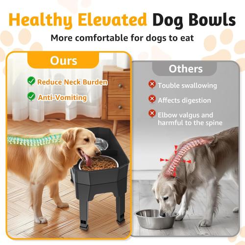 3 in 1 Elevated Dog Bowls Mess Proof: Raised Dogs Bowls - 4 Height Adjustable Dogs Bowl Stand with 2 * 53oz Stainless Steel Dog Food Bowl and Licking Plate for Small Medium Large & Pets,Black