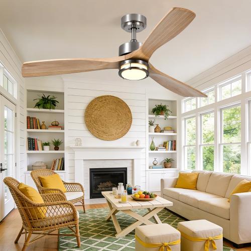 52 Inch Ceiling Fans with Lights and Remote Control, 3 Blade Ceiling Fan with Light for Bedroom Living Room Indoor Outdoor Patio, Reversible, 3CCT, Dimmable, Noiseless DC Motor, Nickel & Natural Wood