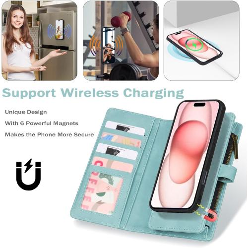 TwoHead Wallet Case Compatible with iPhone 15,Detachable Magnetic Phone Case,All-Round Protective Leather Phone Case with Card Holder,6.1 in,Blue
