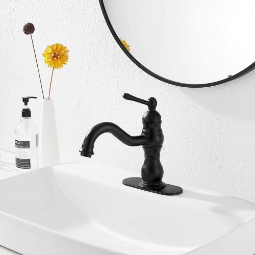Matte Black Bathroom Faucet GGStudy 360° Swivel Bathroom Vanity Faucet Single Handle One Hole Black Bathroom Sink Faucet Basin Matching Pop Up Drain with Overflow