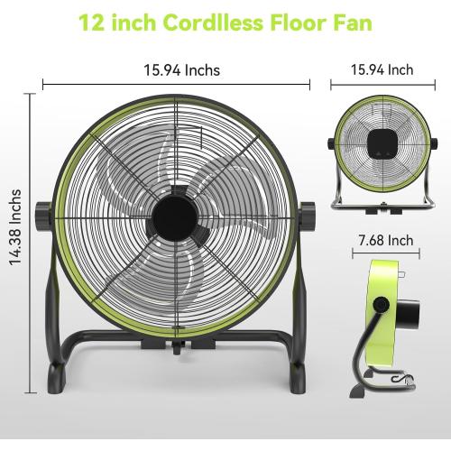 12 Inch Battery Operated Fan, Portable Rechargeable Cordless Fan High Velocity Heavy Duty Metal Floor Fan for Camping Hurricane Home Warehouse
