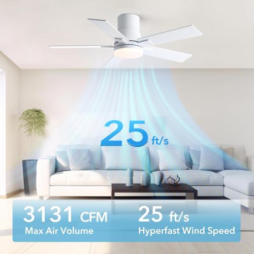 42 Inch Ceiling Fans with Lights and Remote,Flush Mount White Ceiling Fan with 5 Blades,6 Speed Reversible DC Motor,3CCT Dimmable LED-Low Profile Design for Bedroom, Living room & Covered Outdoor