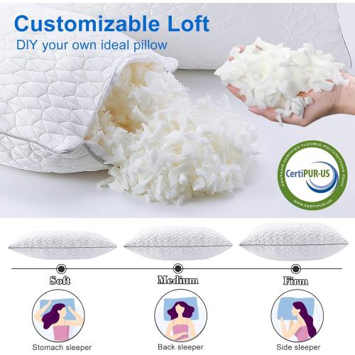 Cooling Pillows Queen Size Set of 2, Shredded Memory Foam Pillows, Adjustable Firm Bed Pillows Cool Cold Pillow for Hot Side Back Stomach Sleepers with Removable Washable Cover, 20 x 30, White
