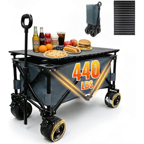 Collapsible Foldable Wagon Cart with Big Wheels and Tabletop, Large Capacity 440Lbs Folding Utility Wagon Carts for Sand, Beach, Camping, Shopping, Sport (Gray)