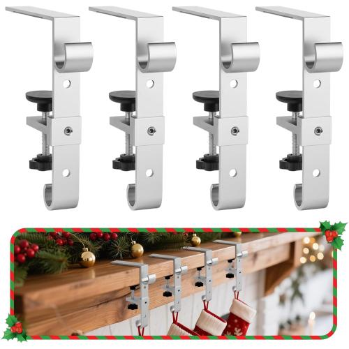 Stocking Hangers for Mantel,4 Pcs 2 in 1 Adjustable Fireplace Christmas Stocking Holder,No-Drill, Easy to Install Garland Hanger for Christmas Decorations,Fits 0.1”-3.5”Mantles (Silver, 4)