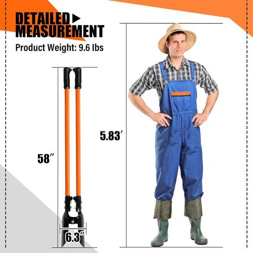 Post Hole Digger, Heavy Duty with Fiberglass Handle, Carbon Steel Blades, 58 Inches, Orange & Black