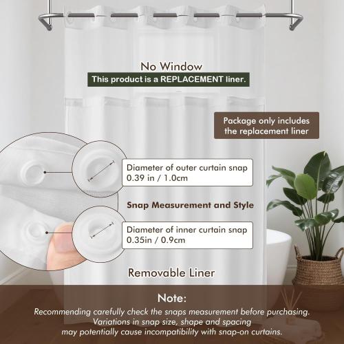 Barossa Design Fabric Snap-in Shower Curtain Liner Replacement, Removable & Washable, Hotel Style, 70x54, White